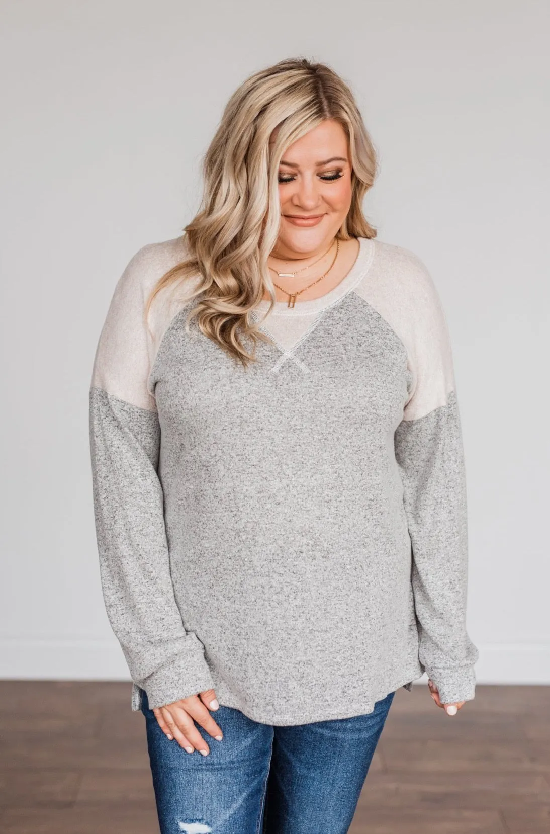 Always Be Me Knit Raglan Top- Heather Grey & Beige