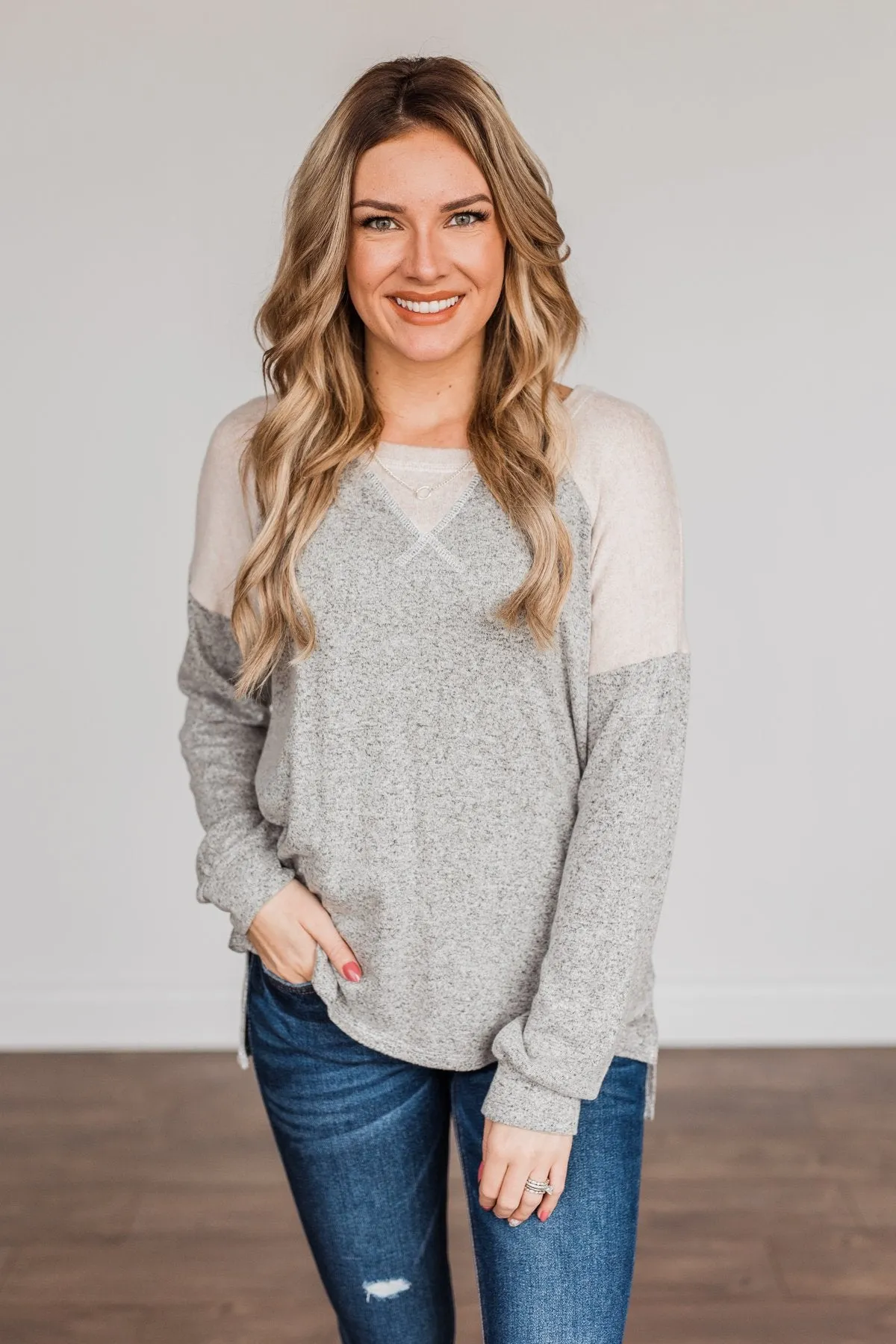 Always Be Me Knit Raglan Top- Heather Grey & Beige