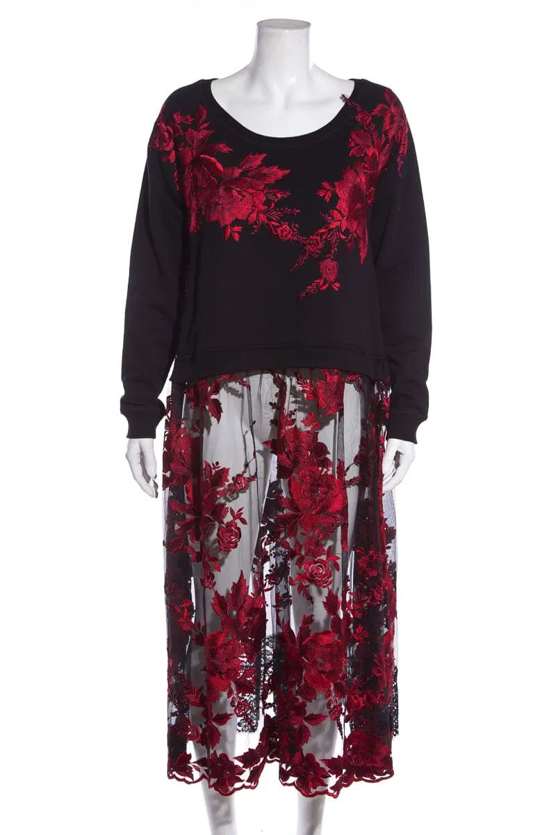 Antonio Marras Black & Red Embroidered Lace Sweatshirt Dress SZ 40