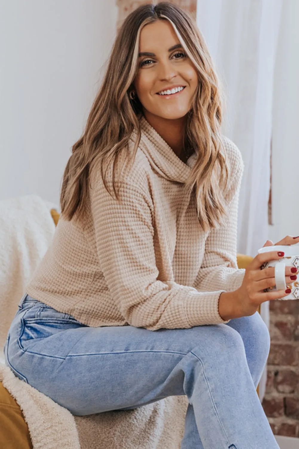Apricot Solid Waffle Knit Turtleneck Long Sleeve Top