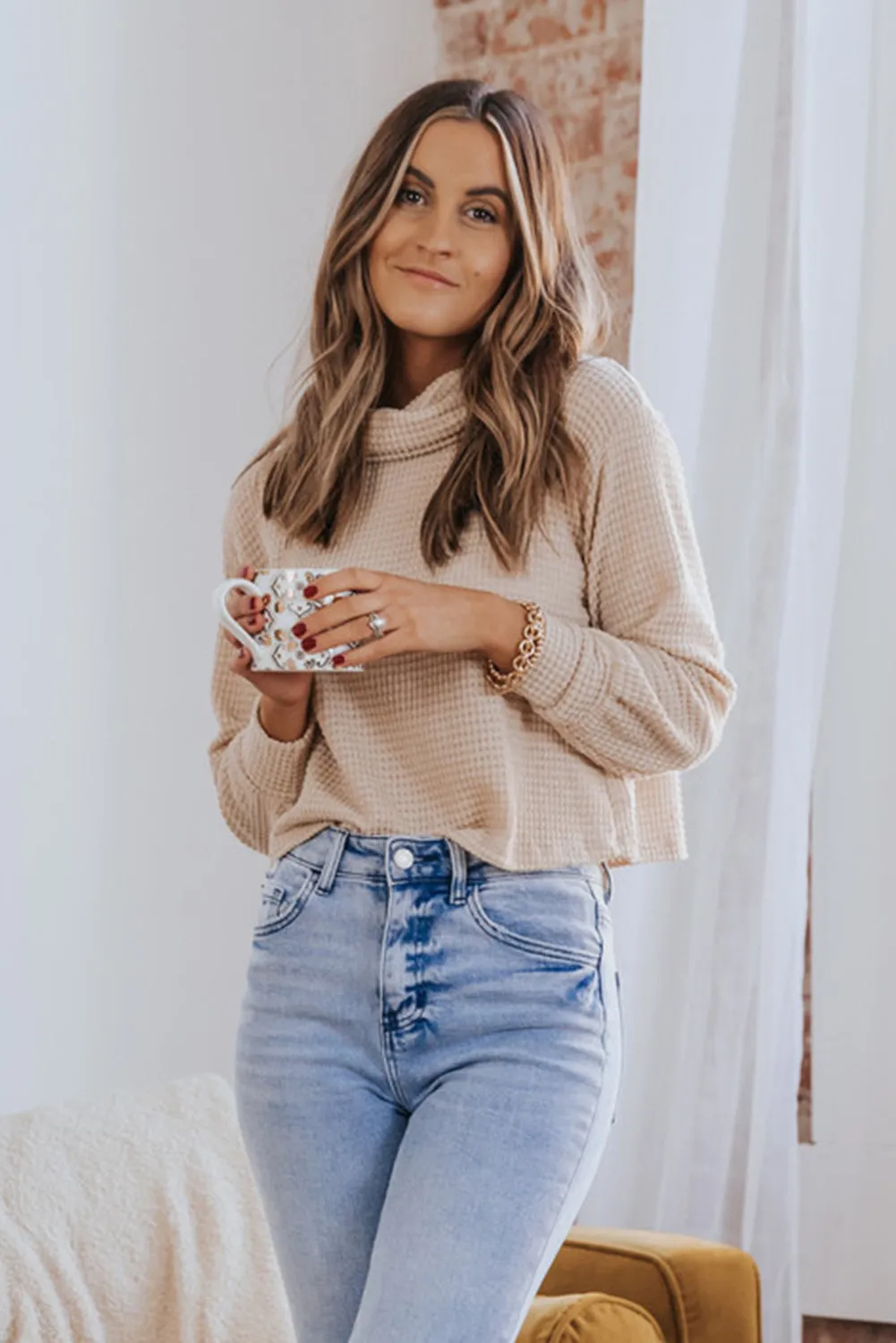 Apricot Solid Waffle Knit Turtleneck Long Sleeve Top