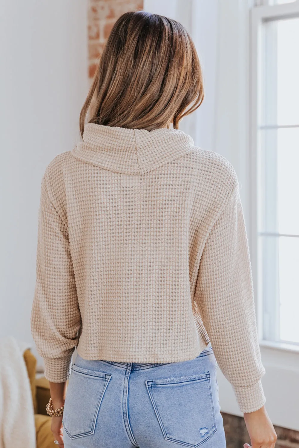 Apricot Solid Waffle Knit Turtleneck Long Sleeve Top