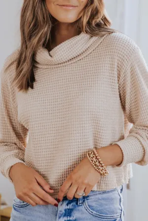 Apricot Solid Waffle Knit Turtleneck Long Sleeve Top