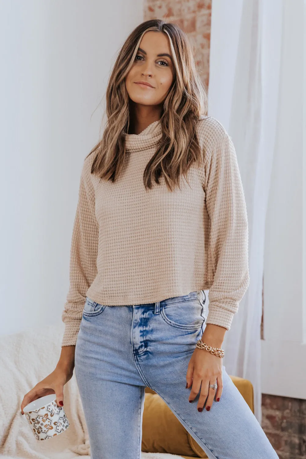 Apricot Solid Waffle Knit Turtleneck Long Sleeve Top
