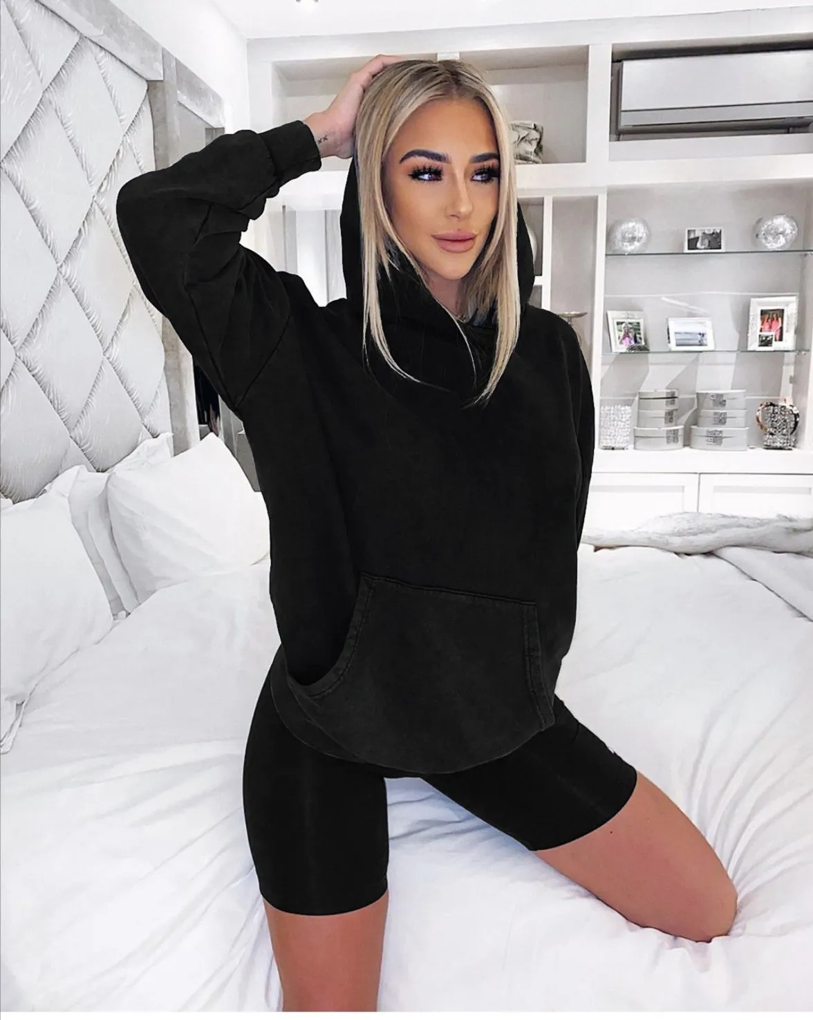 Autumn Winter Loose Long Sleeve Sweatshirt Top Hoodie and Biker Shorts