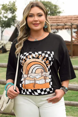 Black Checkerd DESERT DREAMS Printed Ripped Plus Size Tee