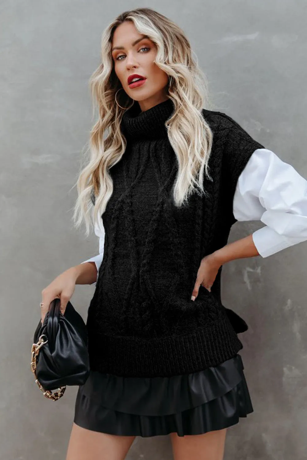 Black Ribbed Turtleneck Cable Knit Sweater Vest