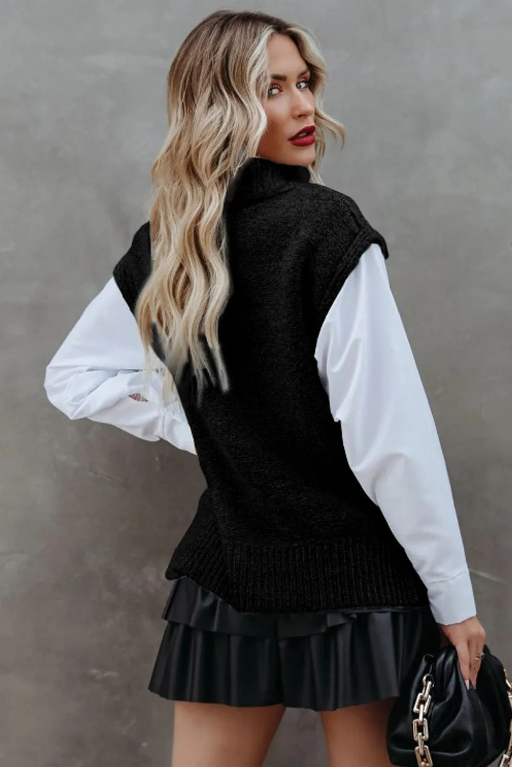 Black Ribbed Turtleneck Cable Knit Sweater Vest