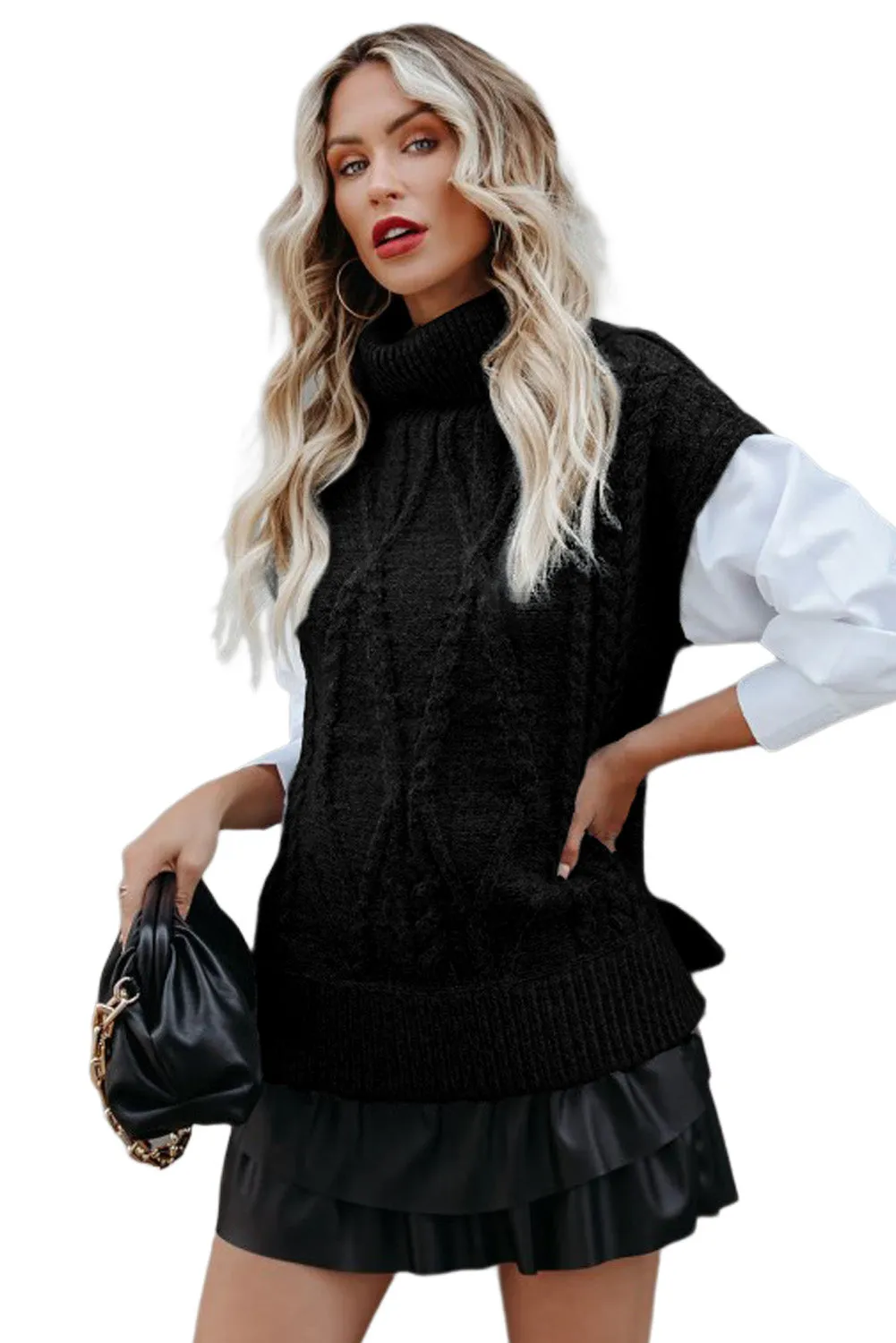 Black Ribbed Turtleneck Cable Knit Sweater Vest