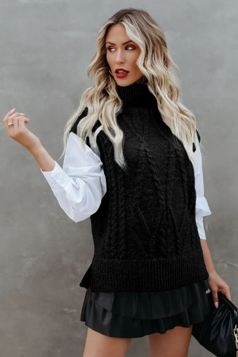 Black Ribbed Turtleneck Cable Knit Sweater Vest