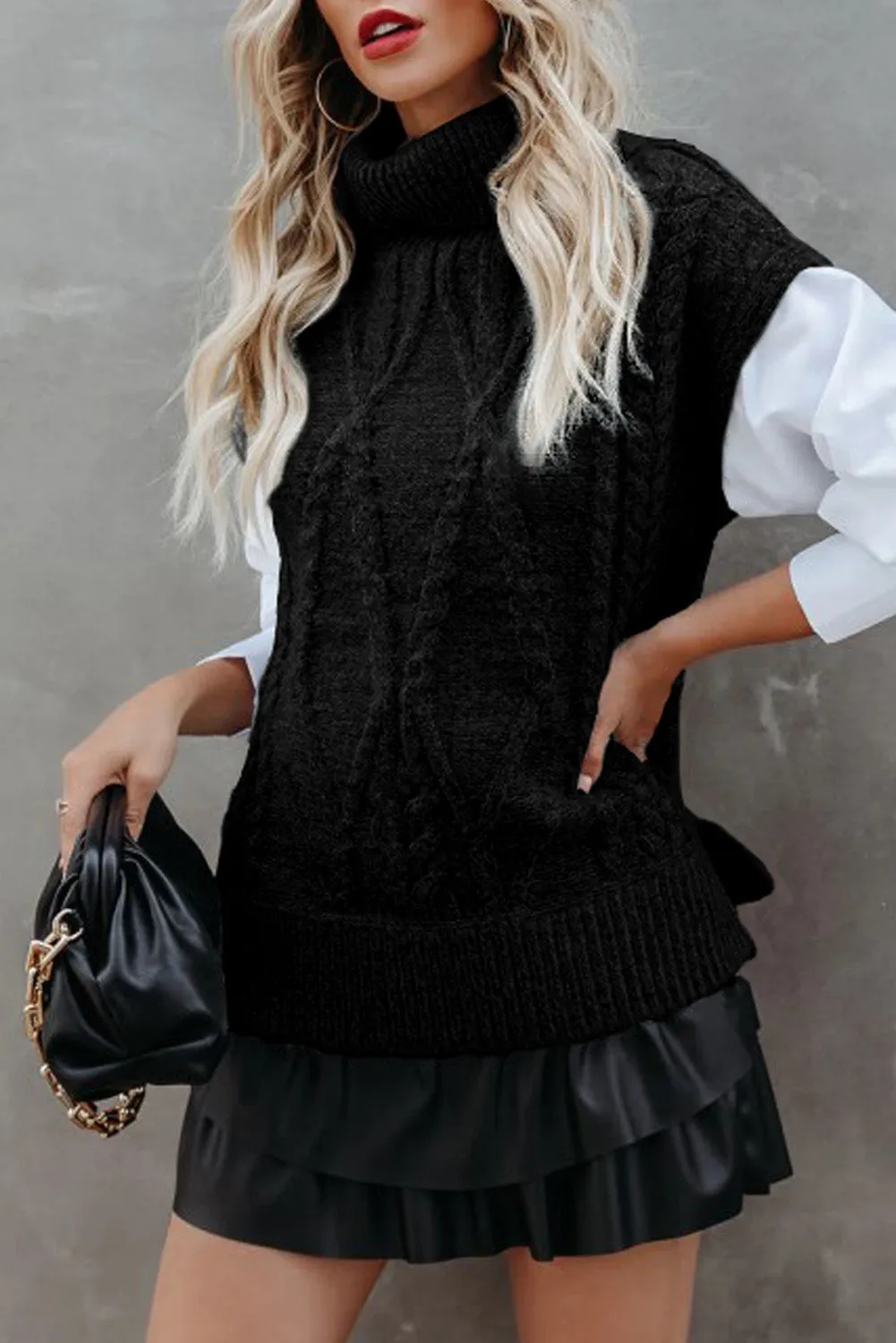 Black Ribbed Turtleneck Cable Knit Sweater Vest