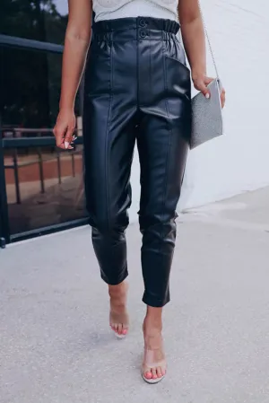 Black Smocked High Waist Faux Leather Skinny Pants