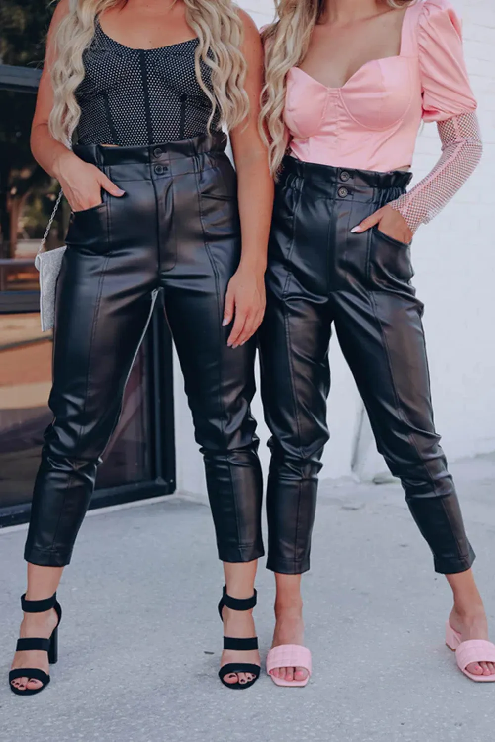 Black Smocked High Waist Faux Leather Skinny Pants