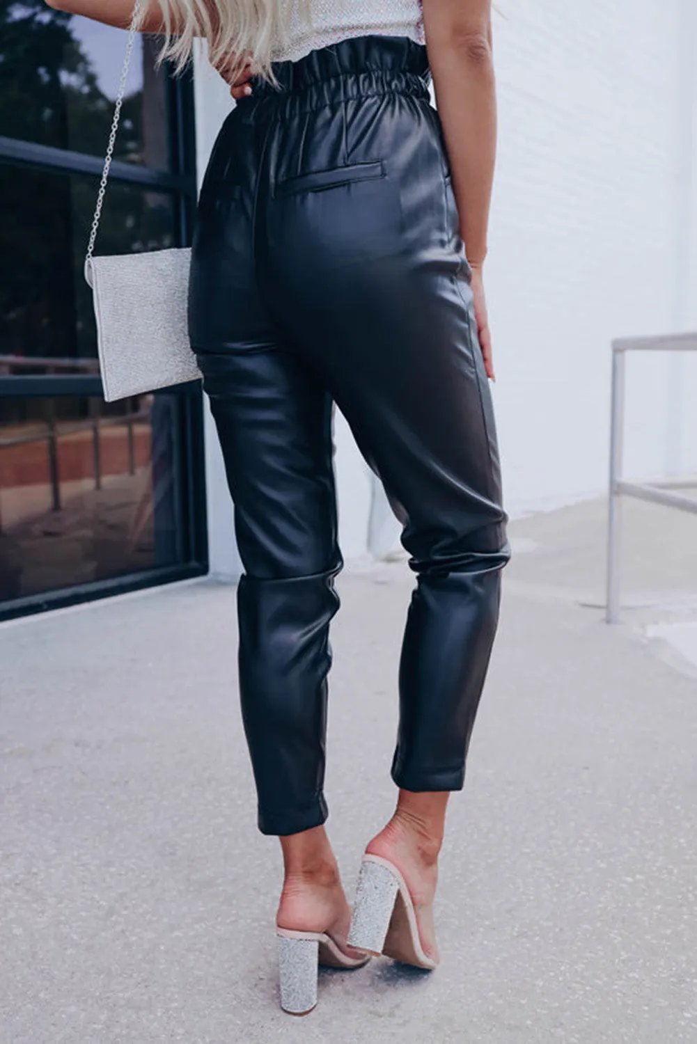 Black Smocked High Waist Faux Leather Skinny Pants