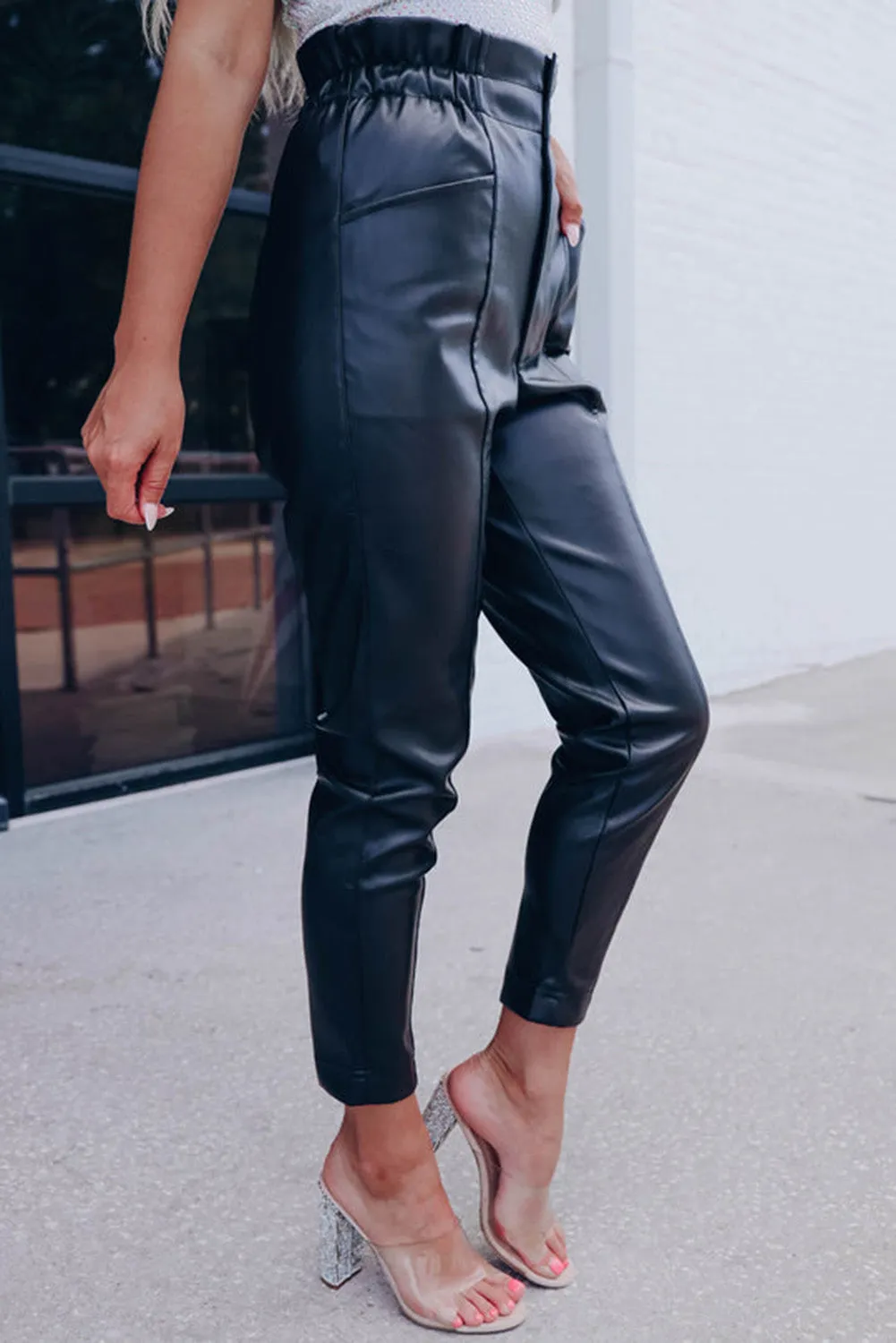 Black Smocked High Waist Faux Leather Skinny Pants