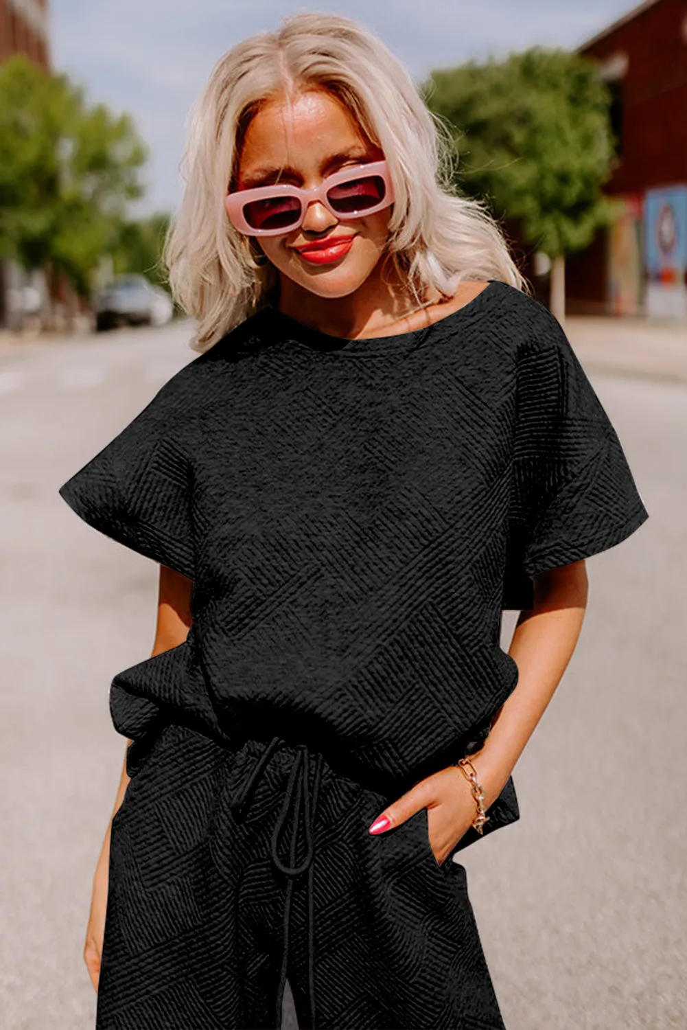 Black Textured Loose Fit T Shirt and Drawstring Pants Set