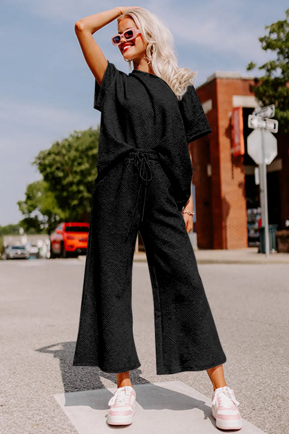 Black Textured Loose Fit T Shirt and Drawstring Pants Set