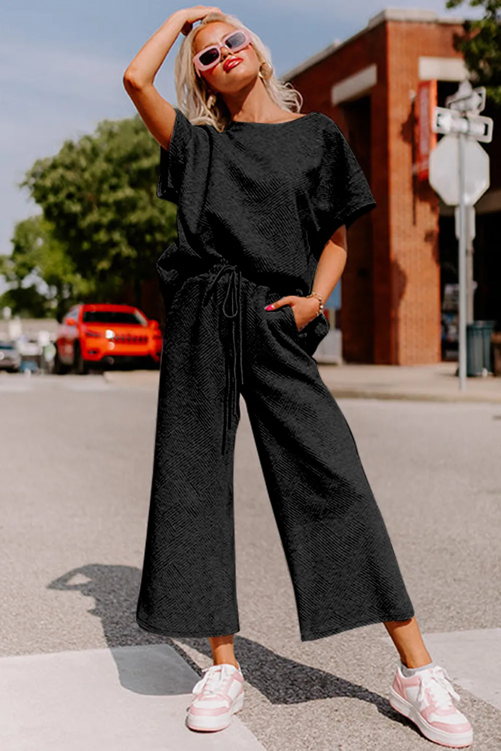 Black Textured Loose Fit T Shirt and Drawstring Pants Set