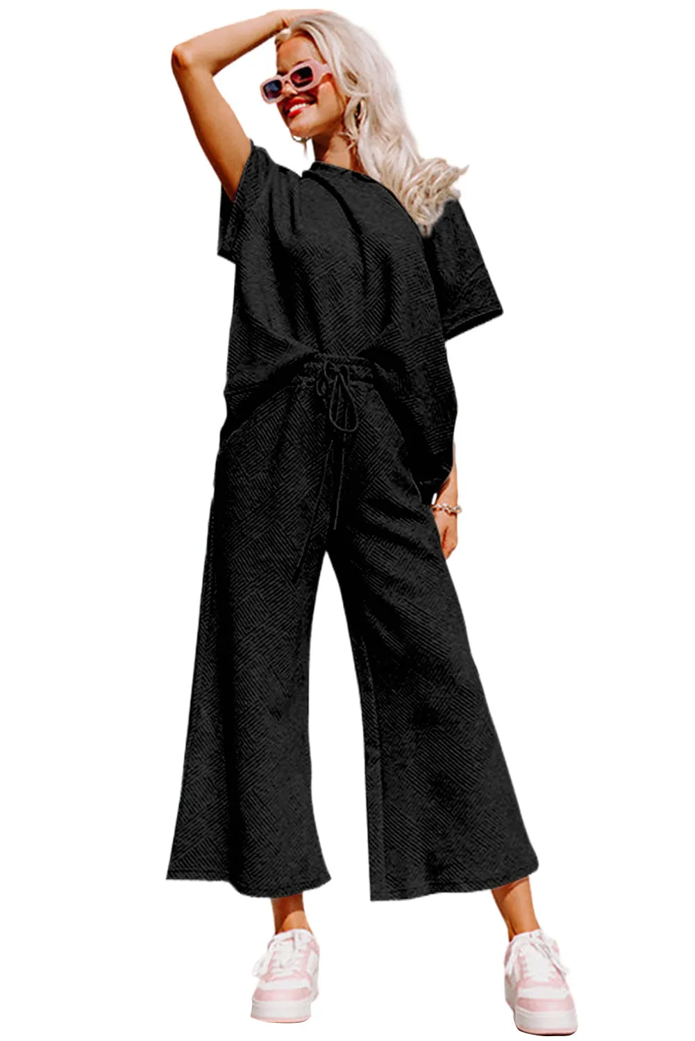 Black Textured Loose Fit T Shirt and Drawstring Pants Set