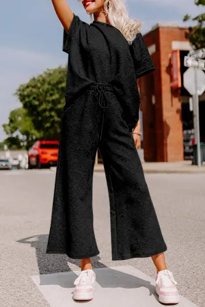 Black Textured Loose Fit T Shirt and Drawstring Pants Set