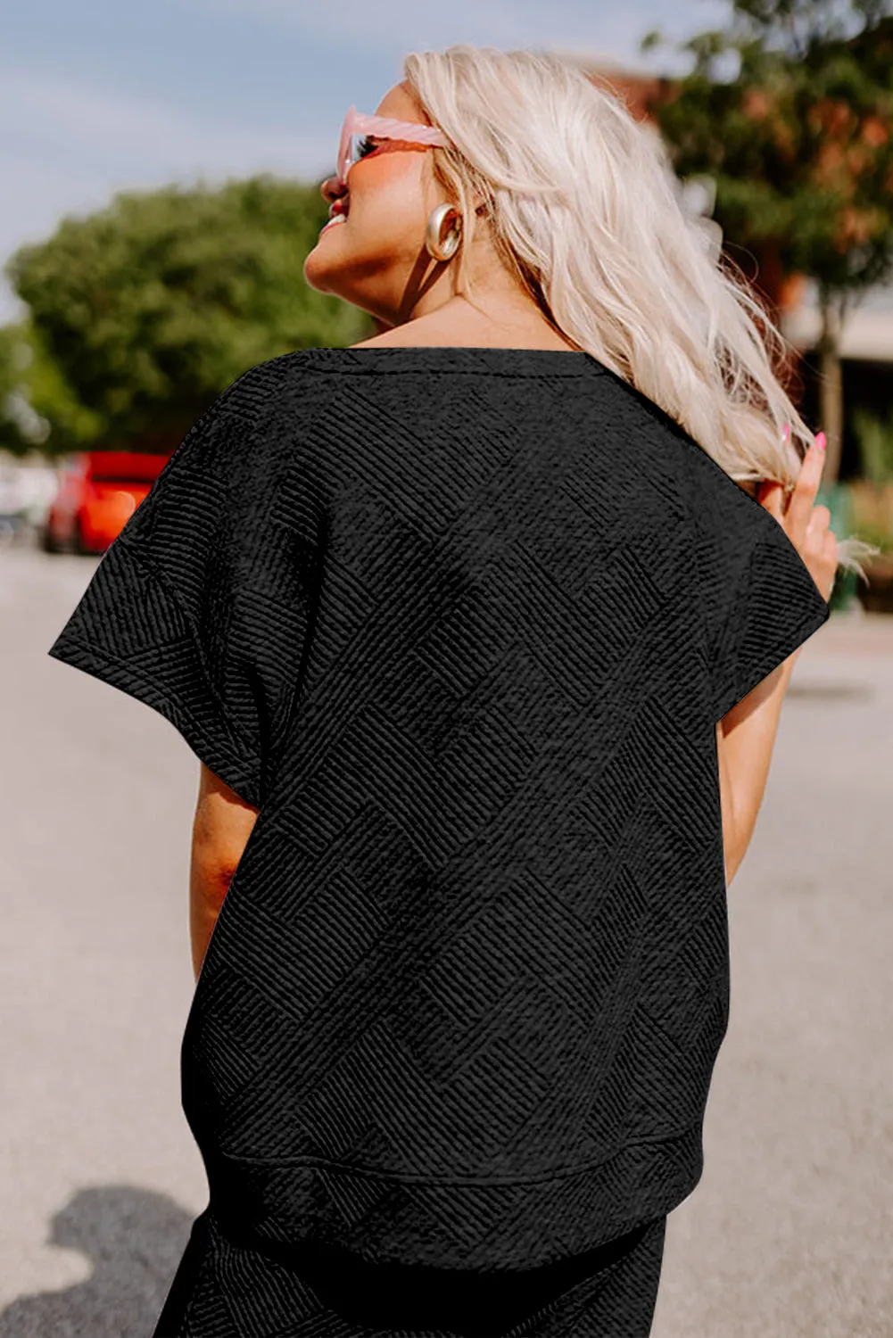 Black Textured Loose Fit T Shirt and Drawstring Pants Set