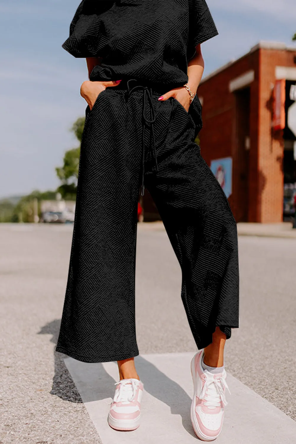 Black Textured Loose Fit T Shirt and Drawstring Pants Set