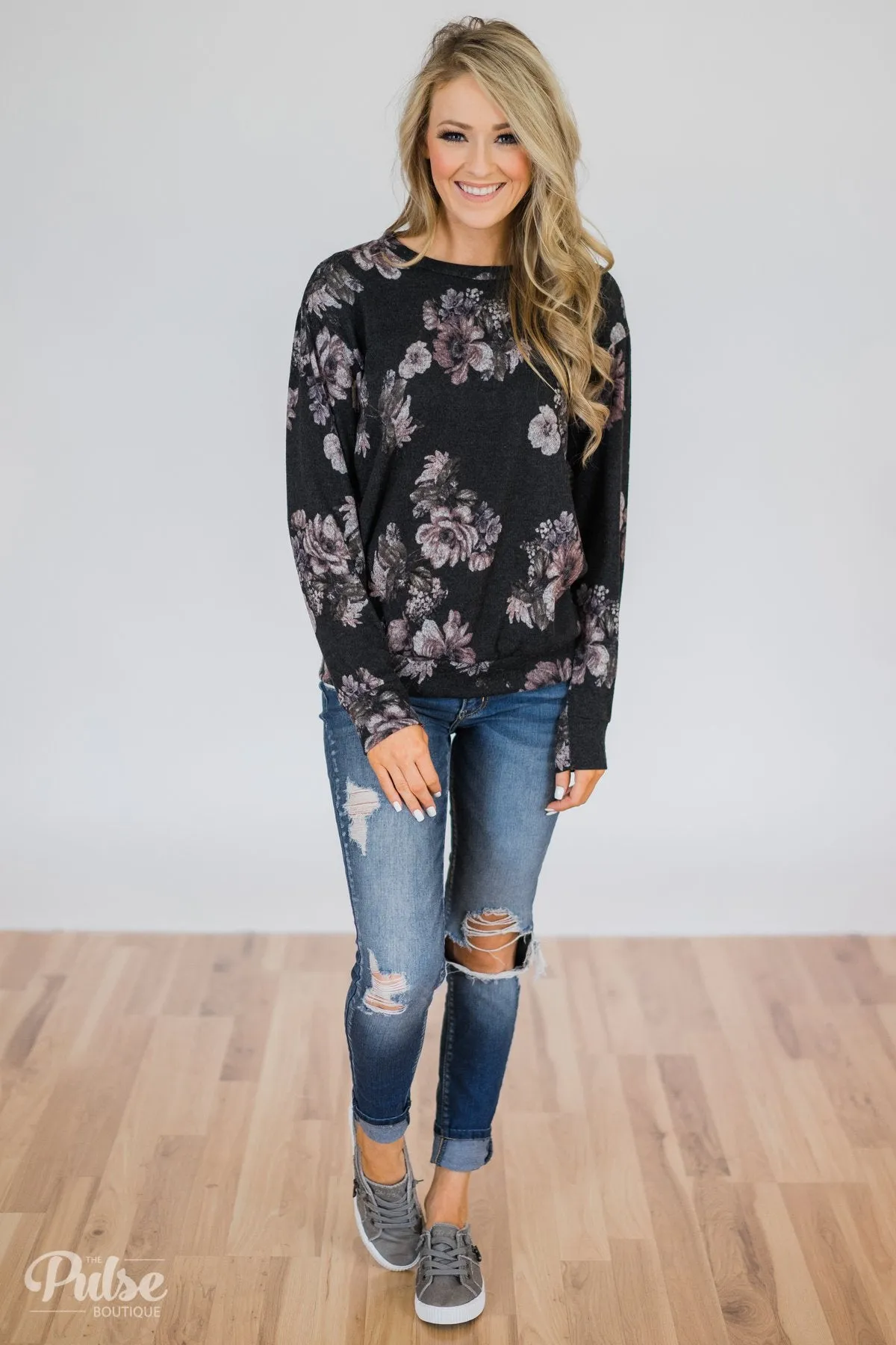 Bloom in the Dream Floral Pullover Top-  Black Charcoal
