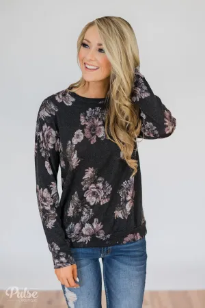 Bloom in the Dream Floral Pullover Top-  Black Charcoal