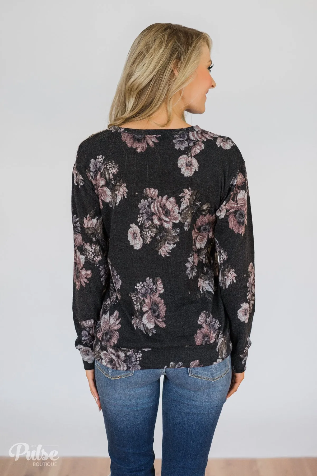 Bloom in the Dream Floral Pullover Top-  Black Charcoal