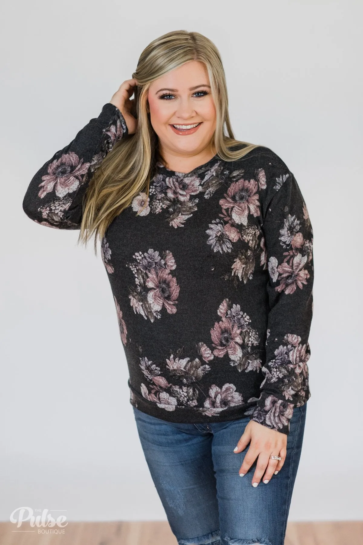 Bloom in the Dream Floral Pullover Top-  Black Charcoal