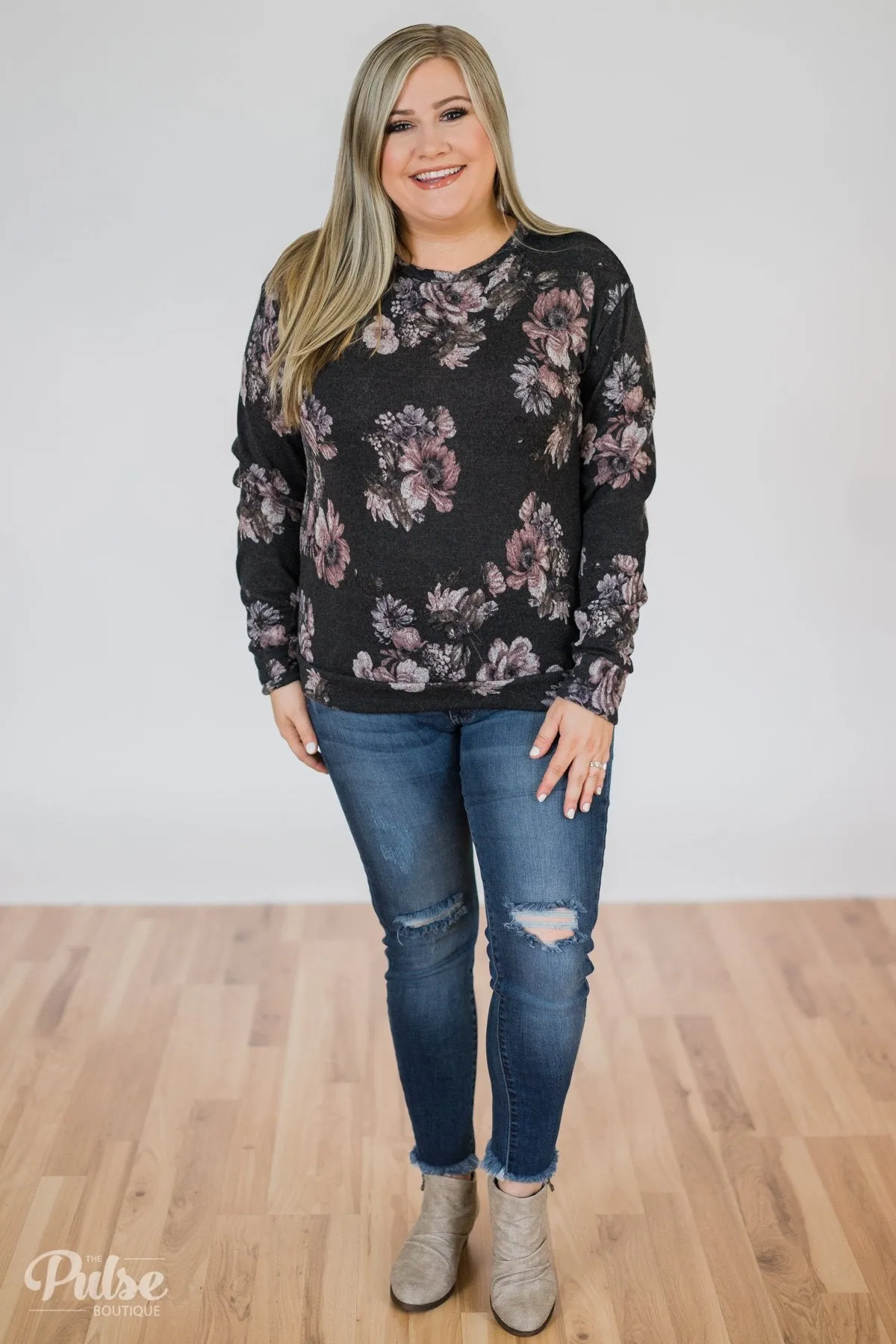 Bloom in the Dream Floral Pullover Top-  Black Charcoal