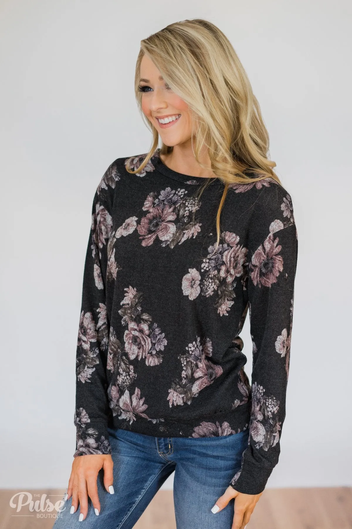 Bloom in the Dream Floral Pullover Top-  Black Charcoal