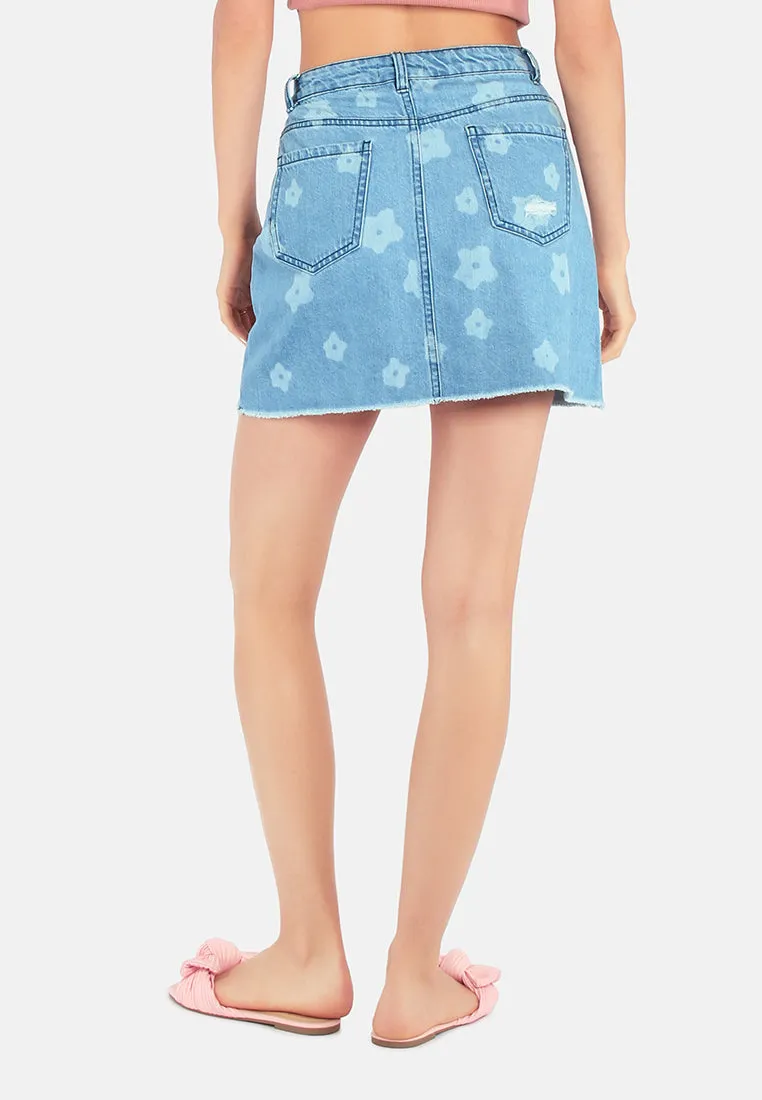 Blue Flower Print Ripped Jeans Mini Skirt