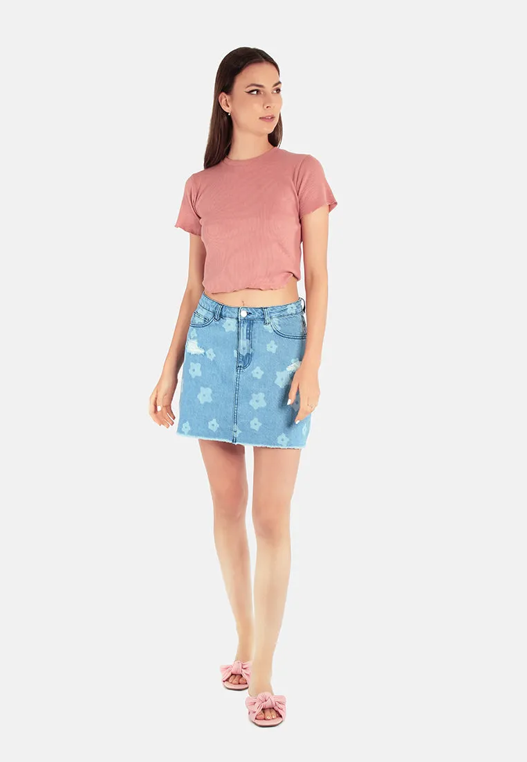 Blue Flower Print Ripped Jeans Mini Skirt