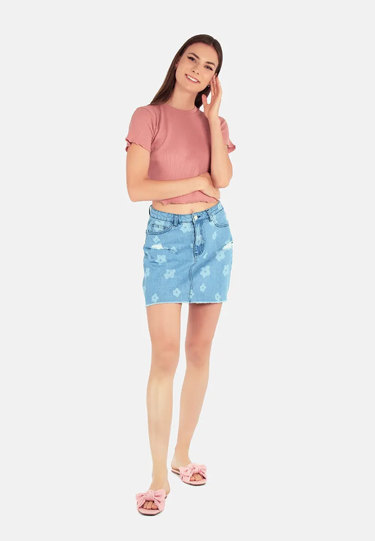 Blue Flower Print Ripped Jeans Mini Skirt