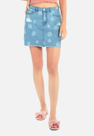Blue Flower Print Ripped Jeans Mini Skirt