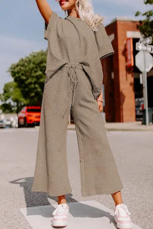 Brown Gray Textured Loose Fit T Shirt and Drawstring Pants Set