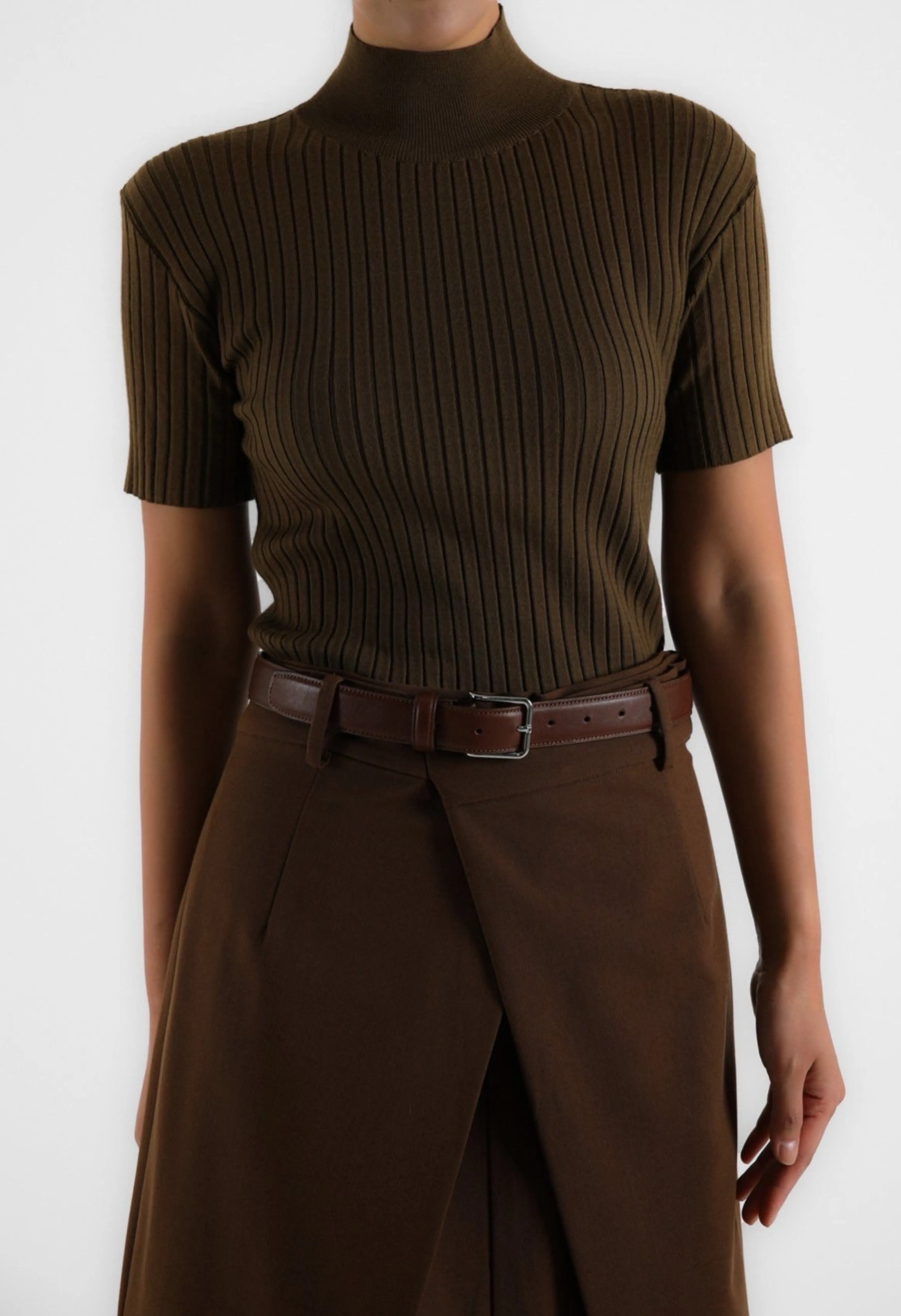 Brown Ribbed-Knit Turtleneck