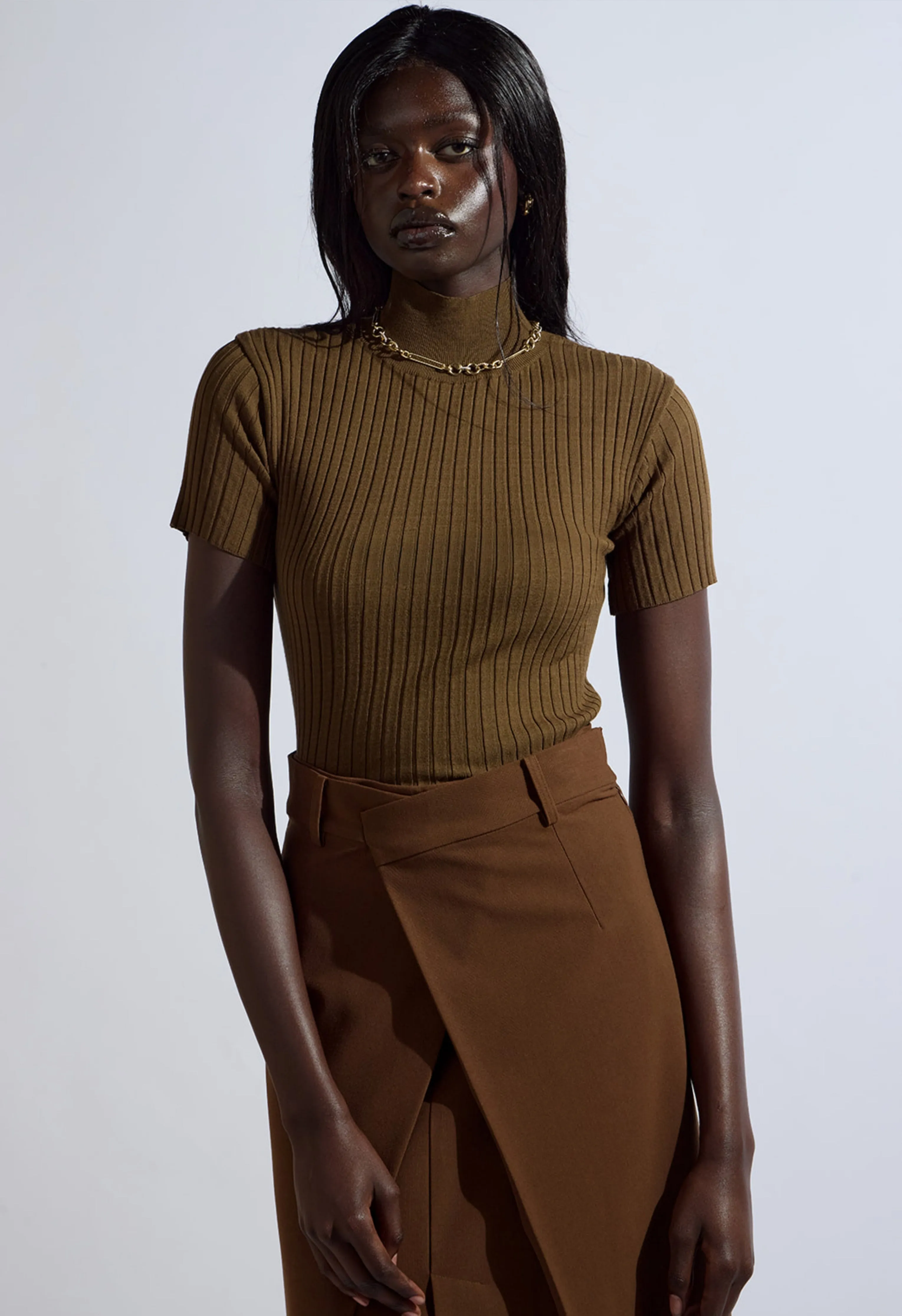 Brown Ribbed-Knit Turtleneck