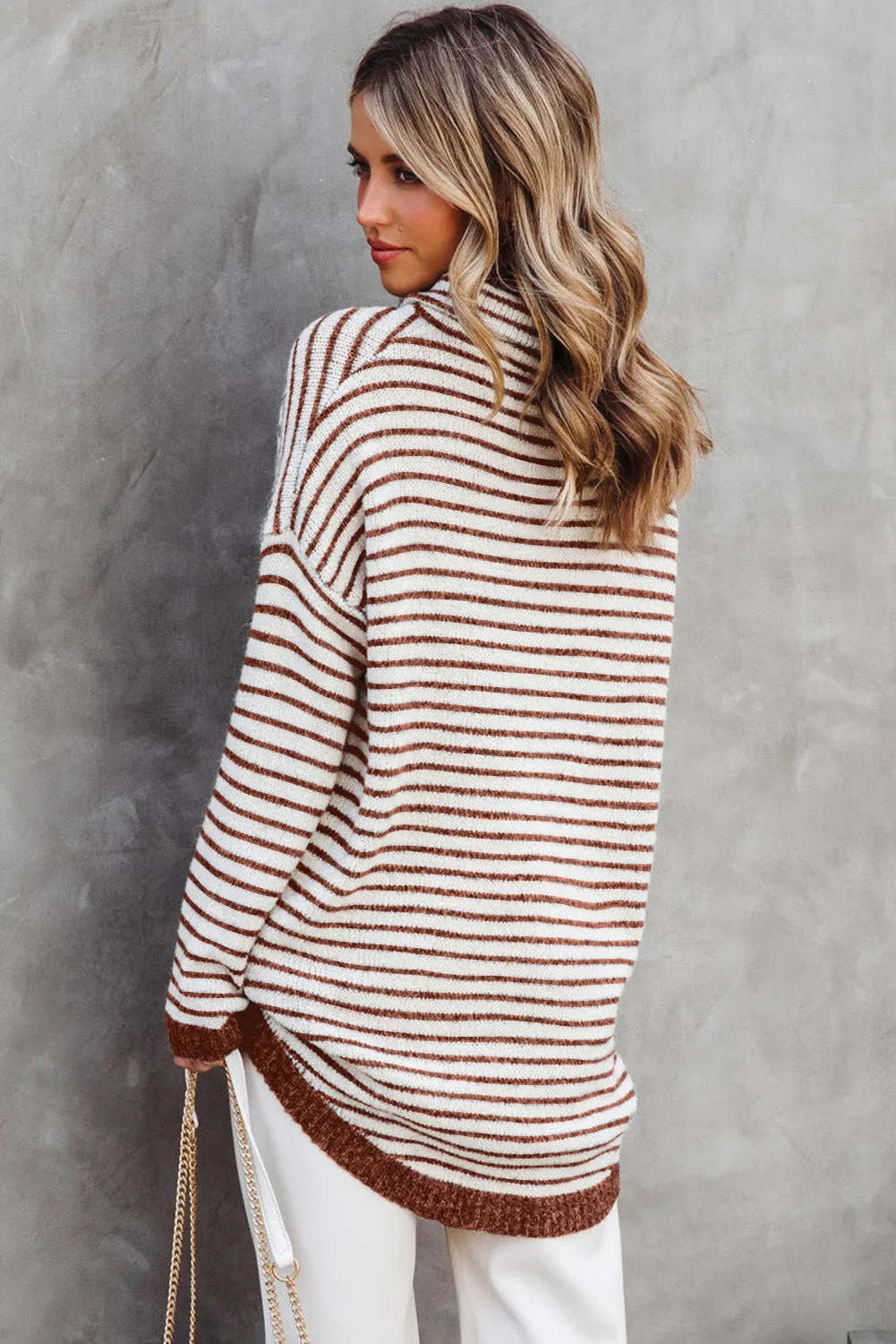 Brown Striped Turtleneck Long Sleeve Sweater