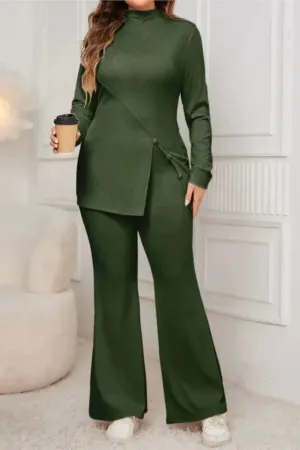 Button Split Side Top and Loose Flared Pant Set