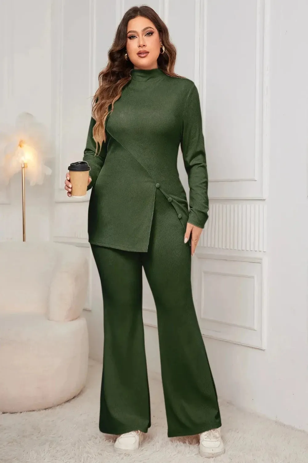 Button Split Side Top and Loose Flared Pant Set