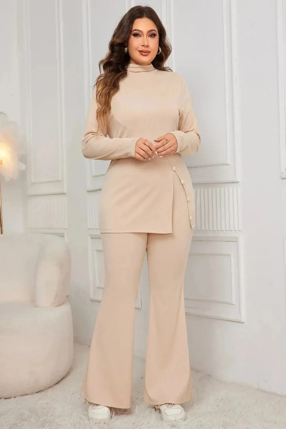 Button Split Side Top and Loose Flared Pant Set