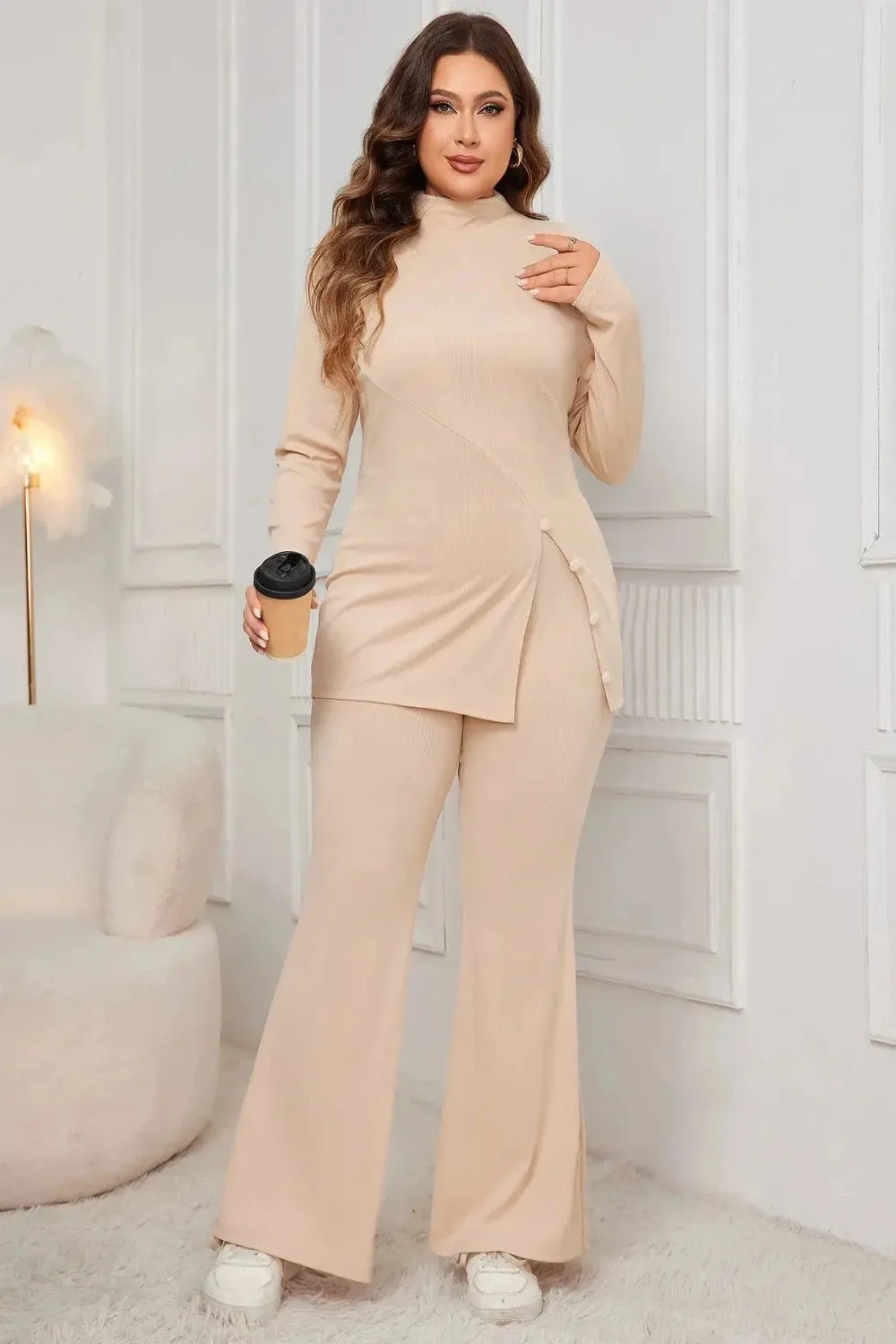 Button Split Side Top and Loose Flared Pant Set