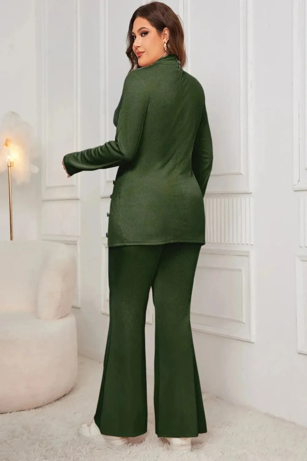 Button Split Side Top and Loose Flared Pant Set
