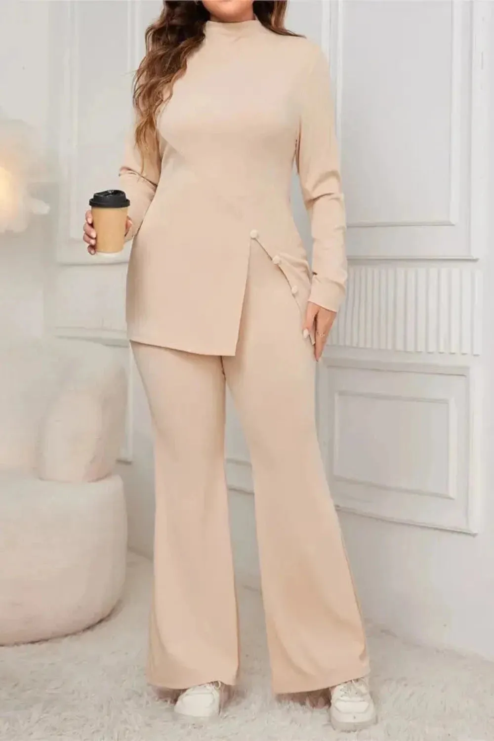 Button Split Side Top and Loose Flared Pant Set