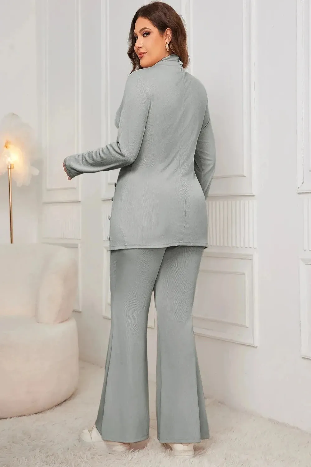 Button Split Side Top and Loose Flared Pant Set