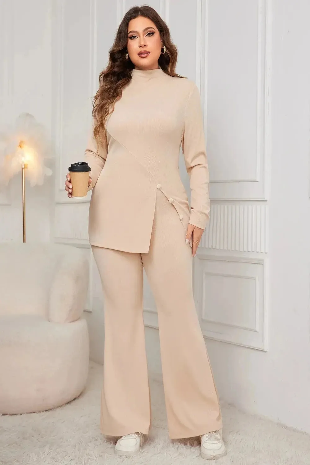 Button Split Side Top and Loose Flared Pant Set
