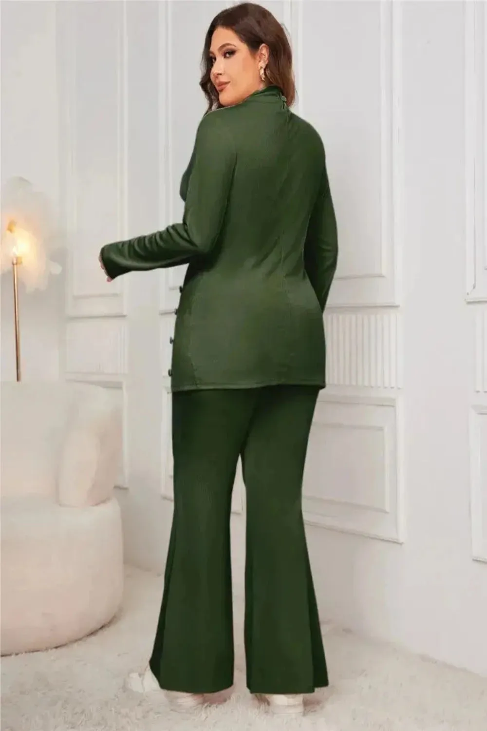 Button Split Side Top and Loose Flared Pant Set