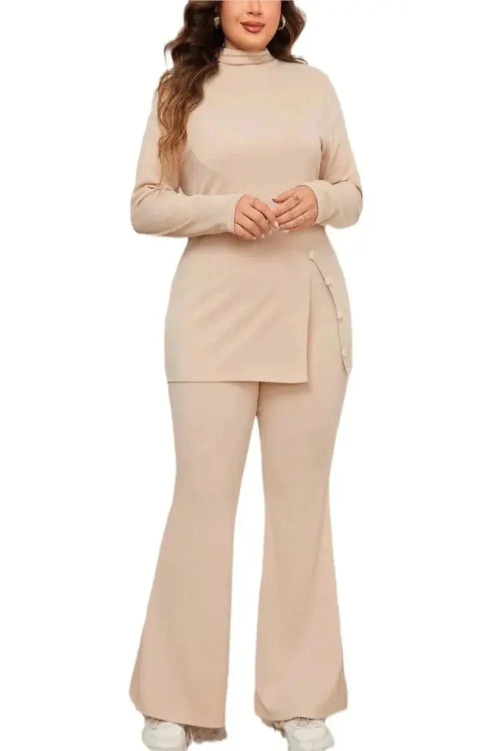 Button Split Side Top and Loose Flared Pant Set